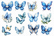 Watercolor Blue Butterflies Cliupart, an Illustration by Watercolor design (Thumbnail 2 of 12)