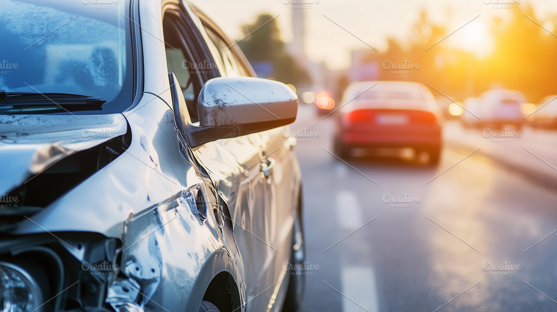 Silver car with front side damage, a Transportation Photo by MistyDay
