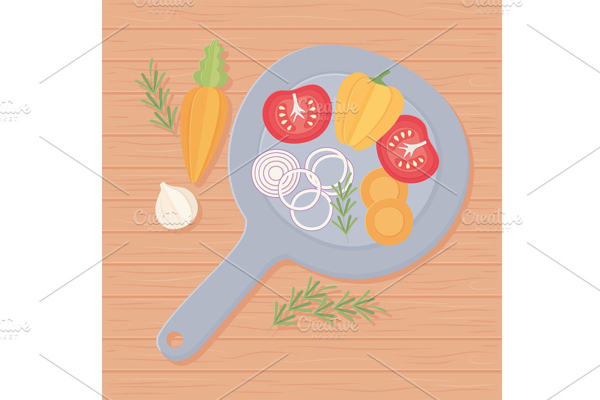 vegetables frying pan, a Food Illustration by studiogstock