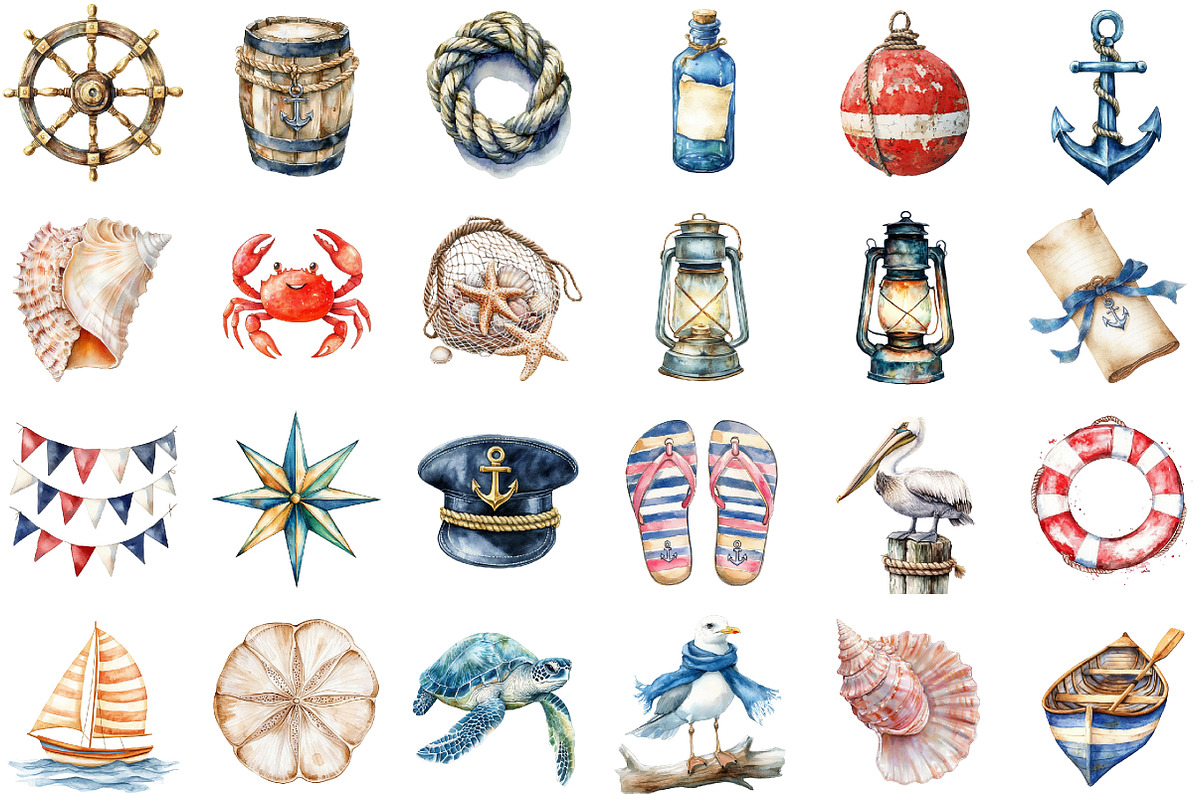 Watercolor Nautical Summer Clipart, an Illustration by Sublimation Artist (Photo 2 of 6)