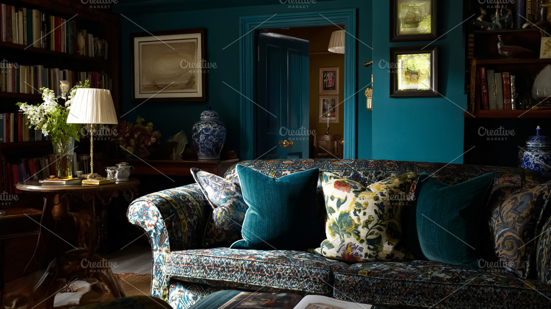Eclectic interior design featuring a dark teal walled maximalist, a Photo by Studio ANNA