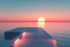 Modern illuminated wooden pier with sea and clean sky view, a Photo by AlyaAnd