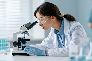 Scientist examining and microscope, a Health & Medical Photo by 7DesignLab