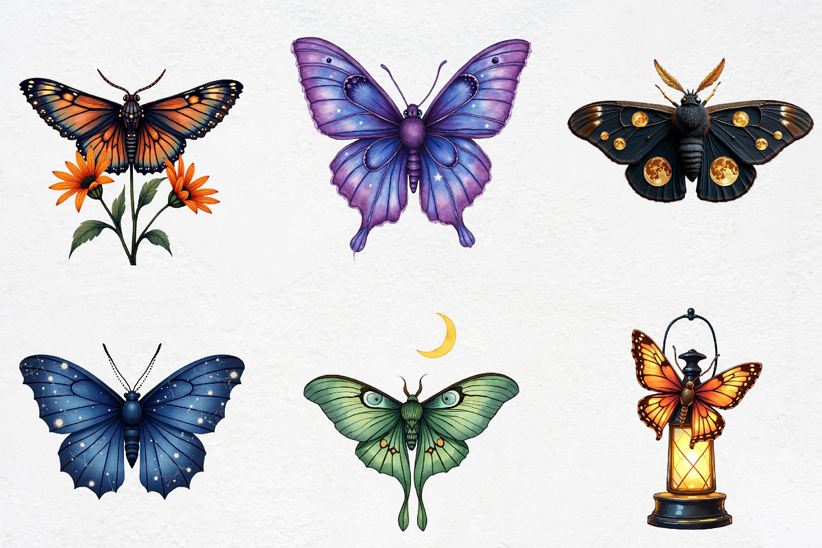 Watercolor Summer Night Moths Clipar, an Illustration by CrexoraLab (Photo 2 of 5)