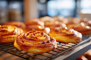 Delicious Danish pastries with apricot and cream on a cooling rack in a bakery, a Food & Drink Photo by AlyaAnd