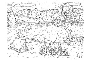Camping in forest. Vintage engrave, a Person Illustration by MoreVector