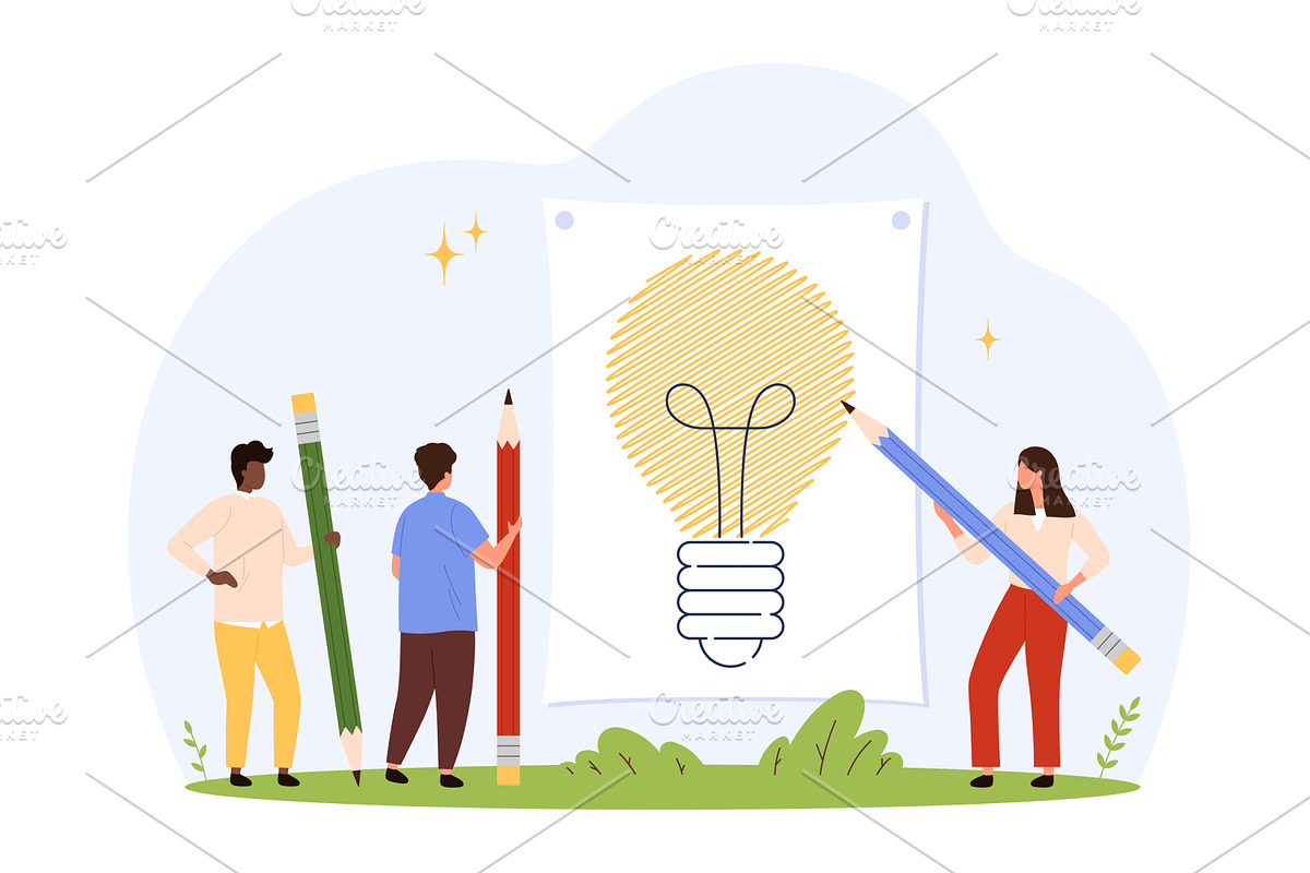 Teamwork Drawing Creative Lightbulb, a Person Illustration by Flashvector