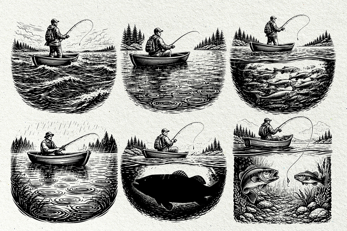 Fishing Scenes Engraving Graphics, a Sport Illustration by DENIDigitalArtSudio (Photo 2 of 8)