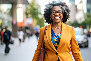 Black woman walking confidently down a city street in a bold, co, a Person Photo by DanFLCreativo