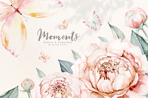Watercolor peonies and butterflies