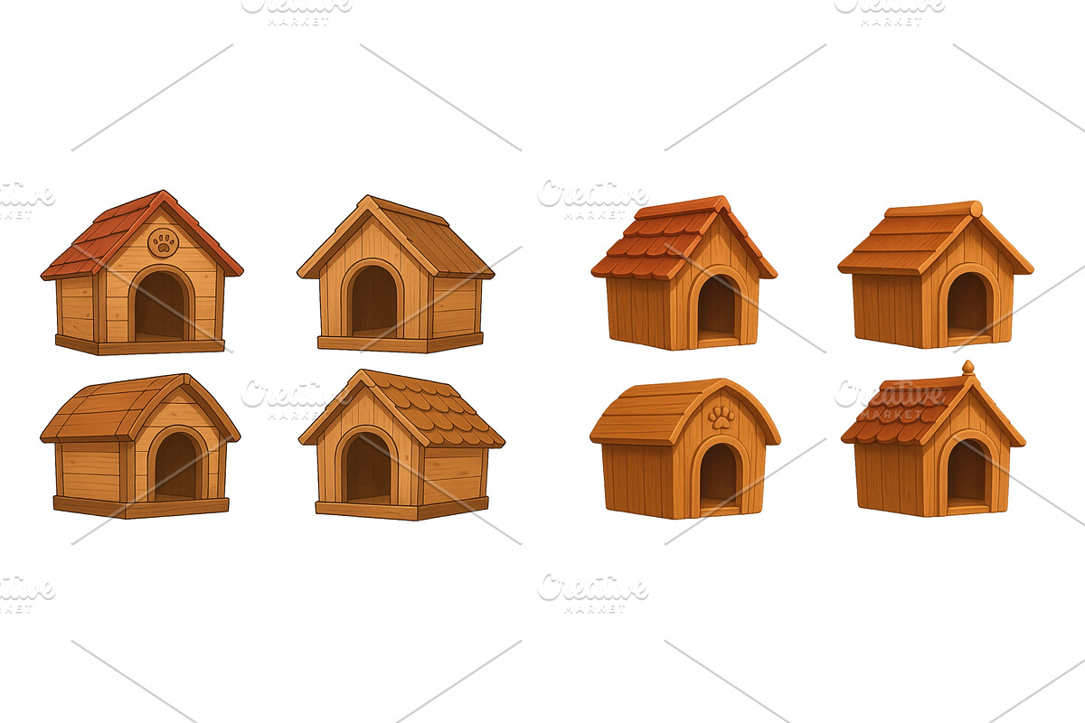 Wooden dog houses in various styles, an Illustration by ZinetroN