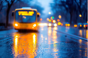 Rainy city evening with bus and car, a Transportation Photo by Lermont51