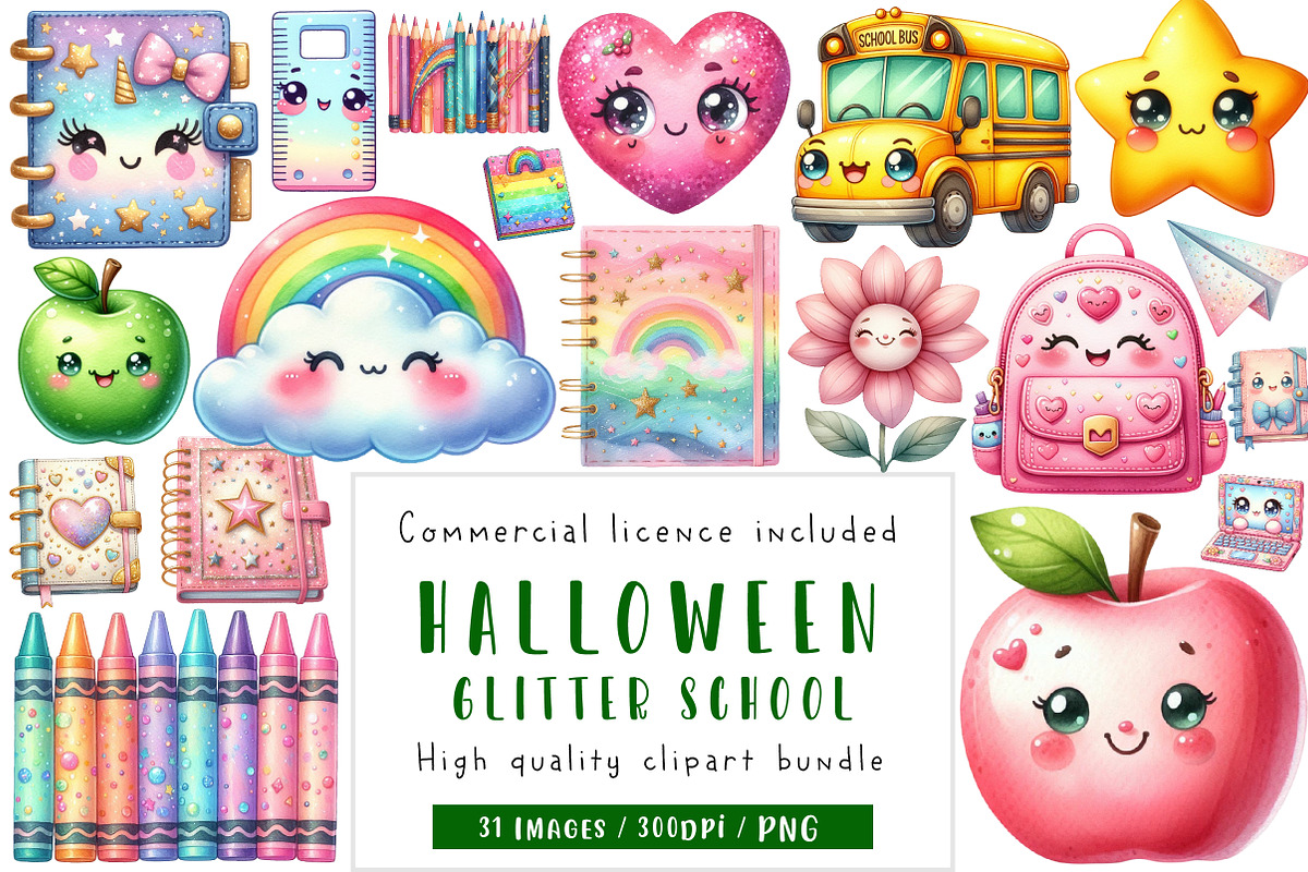 Kawaii Glitter School Clipart, an Illustration by CreationArt (Photo 1 of 5)