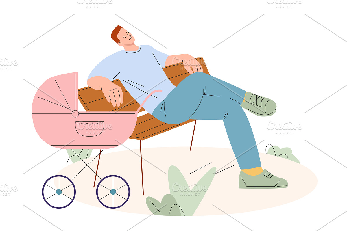 Tired dad walking with baby in, a Person Illustration by Valerie Bodnar