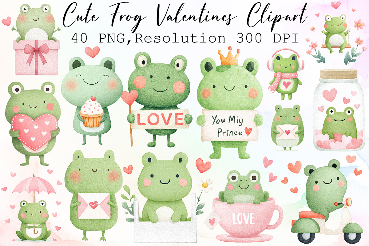 Watercolor Cute Frog Valentines Clip, an Illustration by Sublimation Artist (Photo 1 of 6)