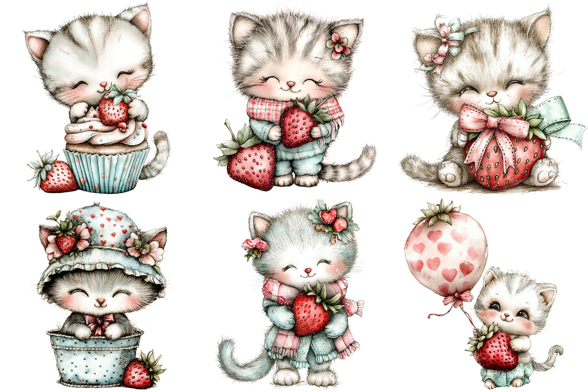 Whimsical Strawberry Cats Clipart, a Seasonal Illustration by CitraGraphics (Photo 3 of 6)