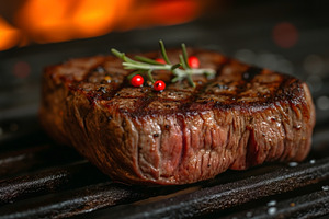 Close-up of a perfectly grilled steak garnished with rosemary an, a Food & Drink Photo by ImageMir