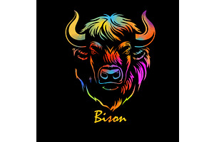Bison head on black background. hand, an Animal Illustration by Nenahliadava Design