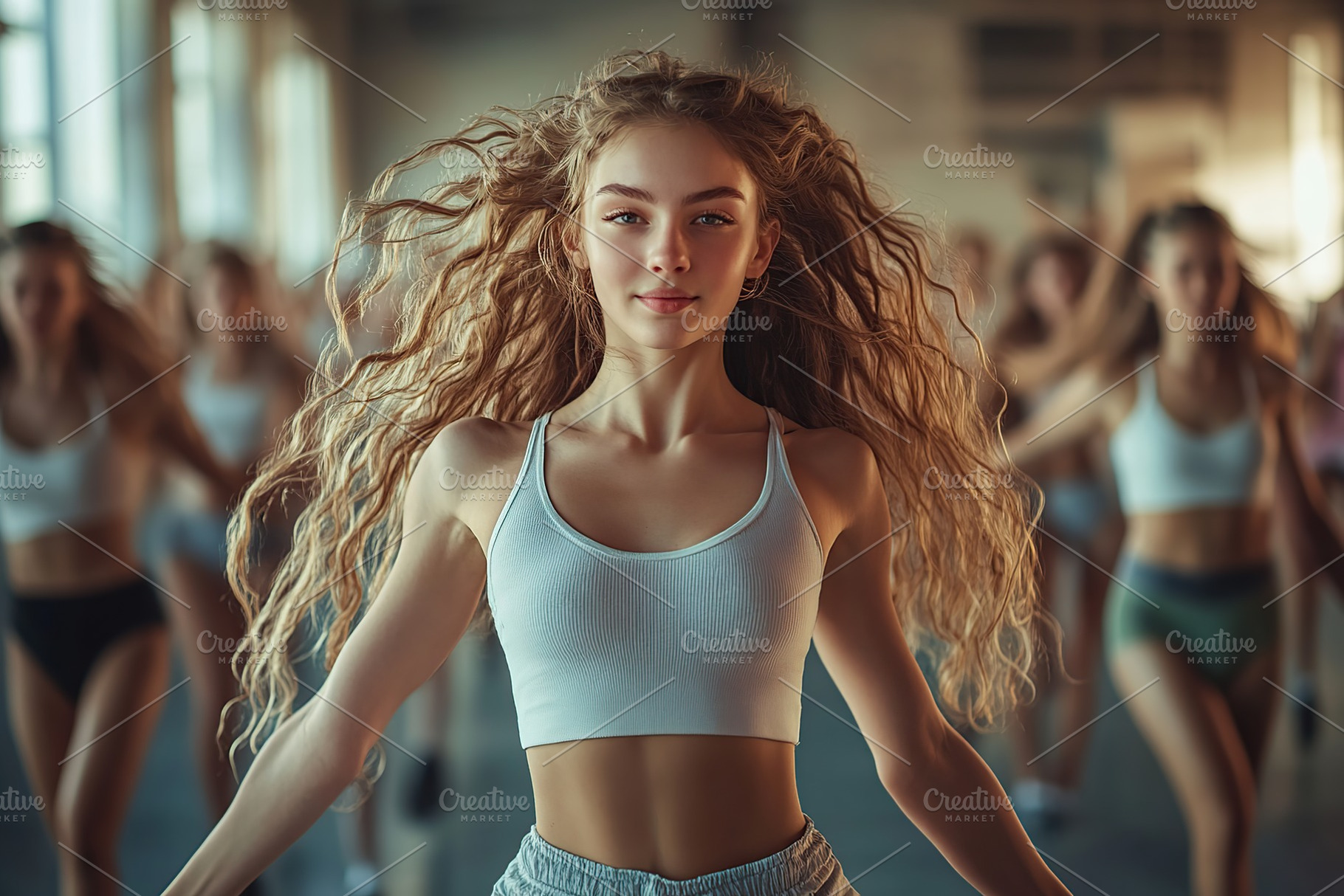 Smiling young women practicing dance moves in dancing studio, a Person Photo by AlyaAnd