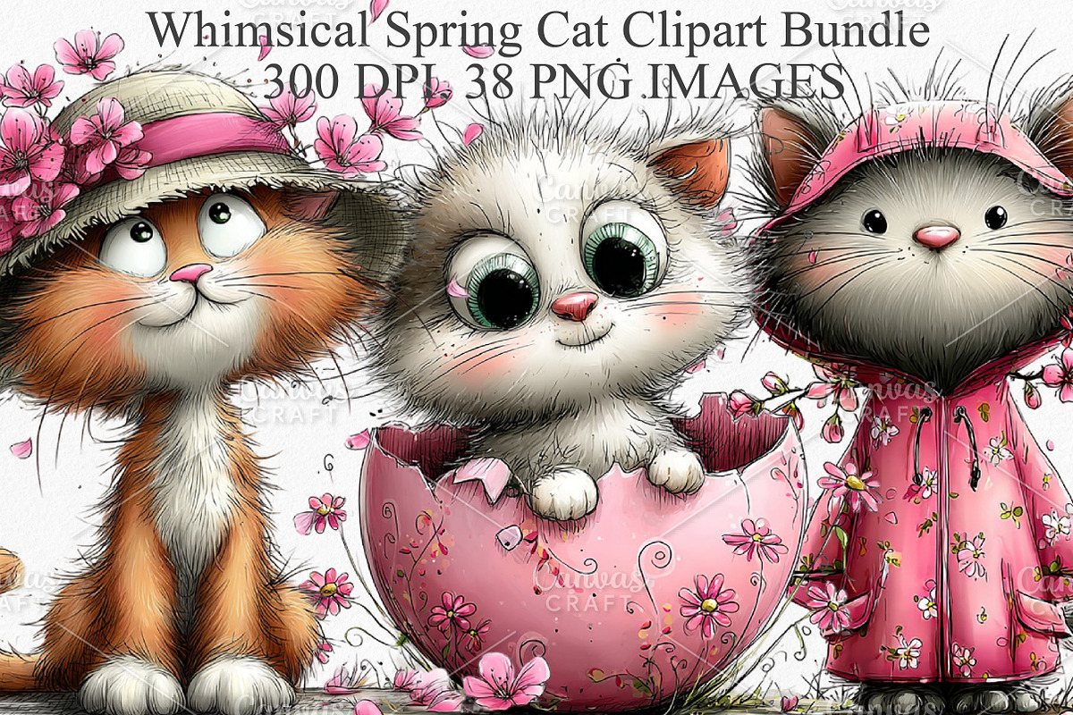 Whimsical Spring Cat Clipart Bundle, an Illustration by Canvas Craft (Photo 1 of 7)