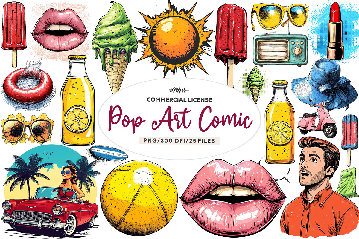 Retro Pop Art Comic Summer Clipart, an Illustration by CreationArt (Photo 1 of 5)