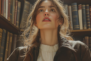 A young Caucasian woman with long hair is immersed in reading in a cozy library, a Person Photo by ImageMir