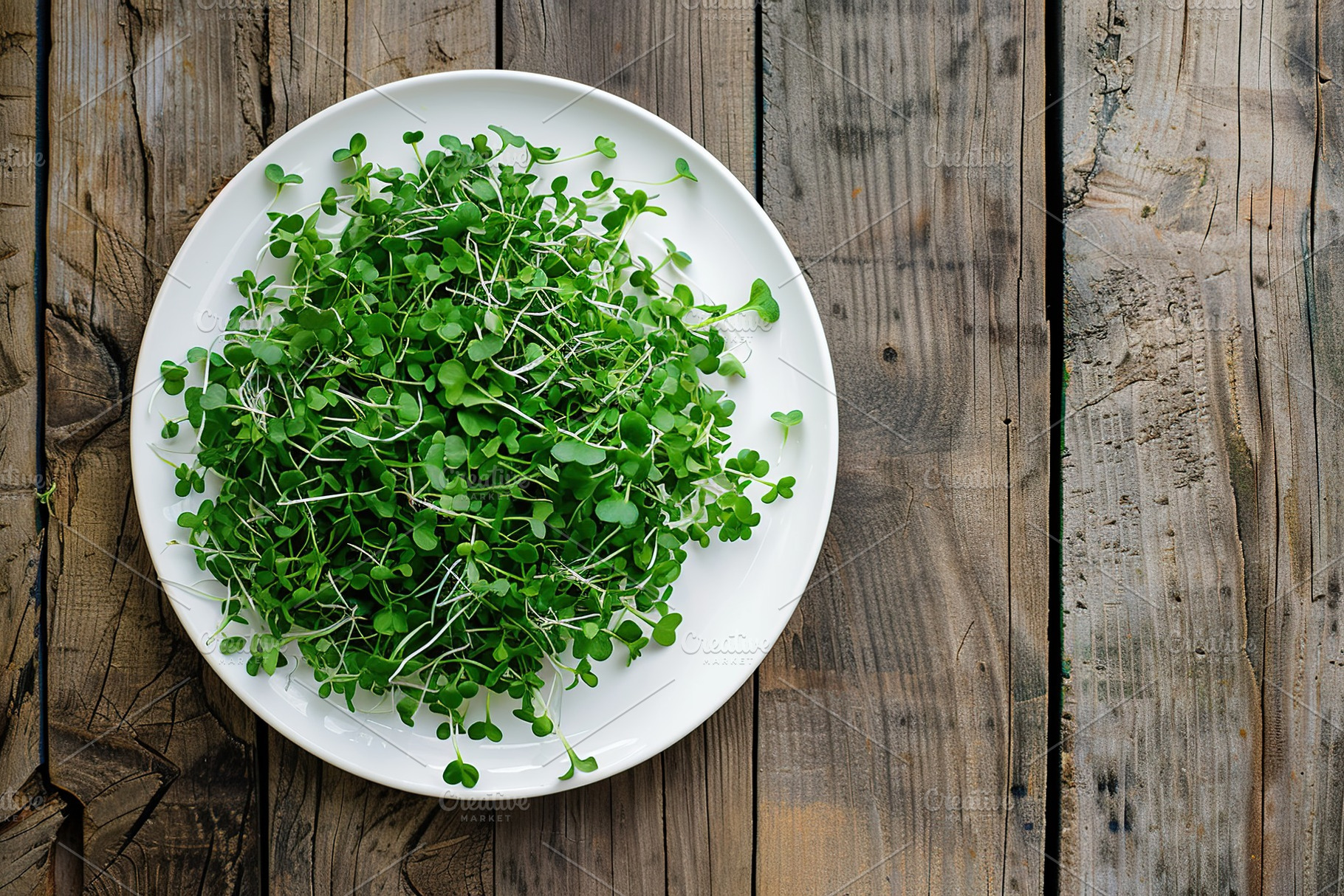 Microgreen broccoli in plate on wooden background, a Food & Drink Photo by AlyaAnd