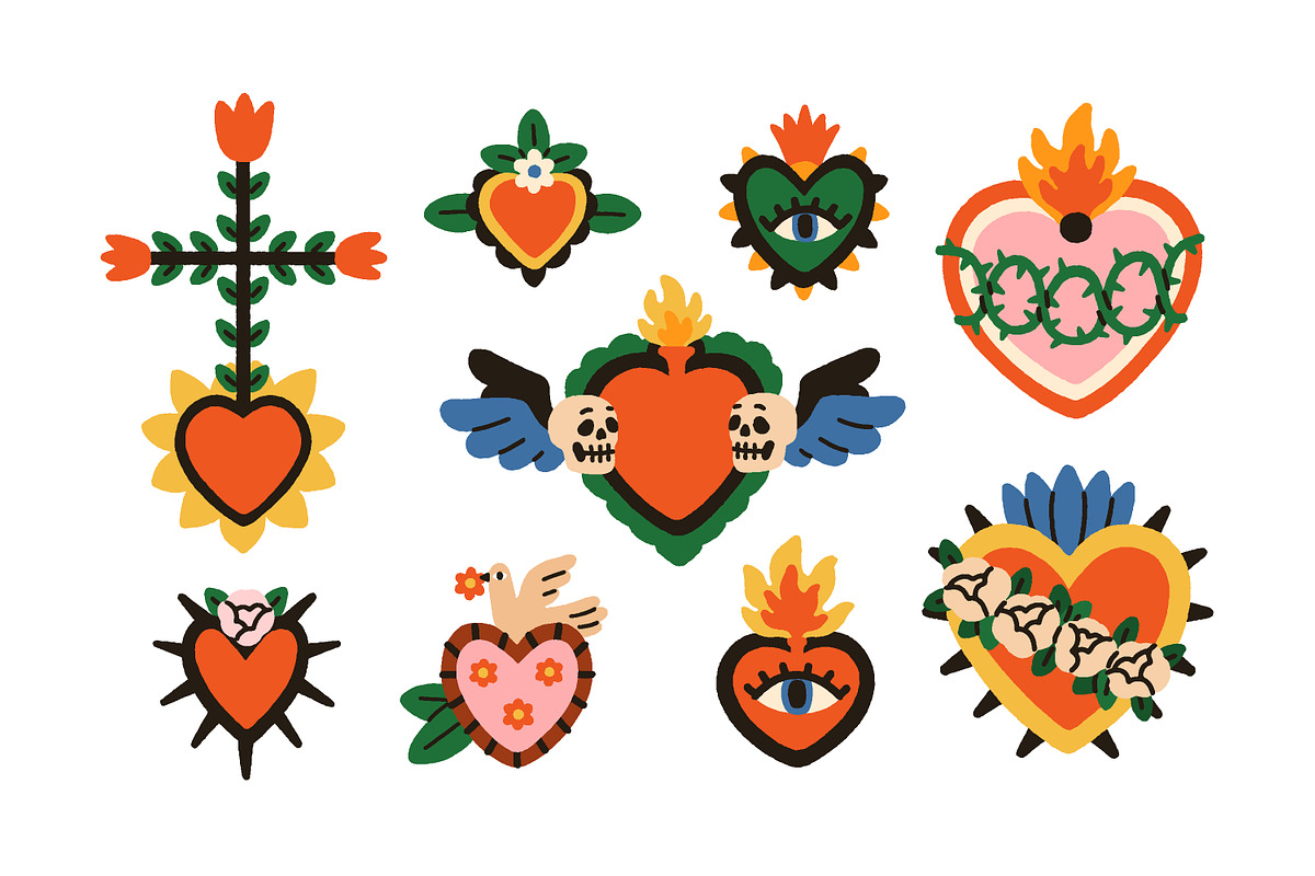 Vintage sacred Mexican hearts set, a Decorative Illustration by Good Studio (Photo 3 of 10)