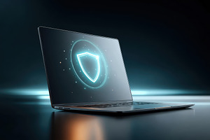 Laptop with glowing shield symbol for cybersecurity, a Business Photo by AlyaAnd