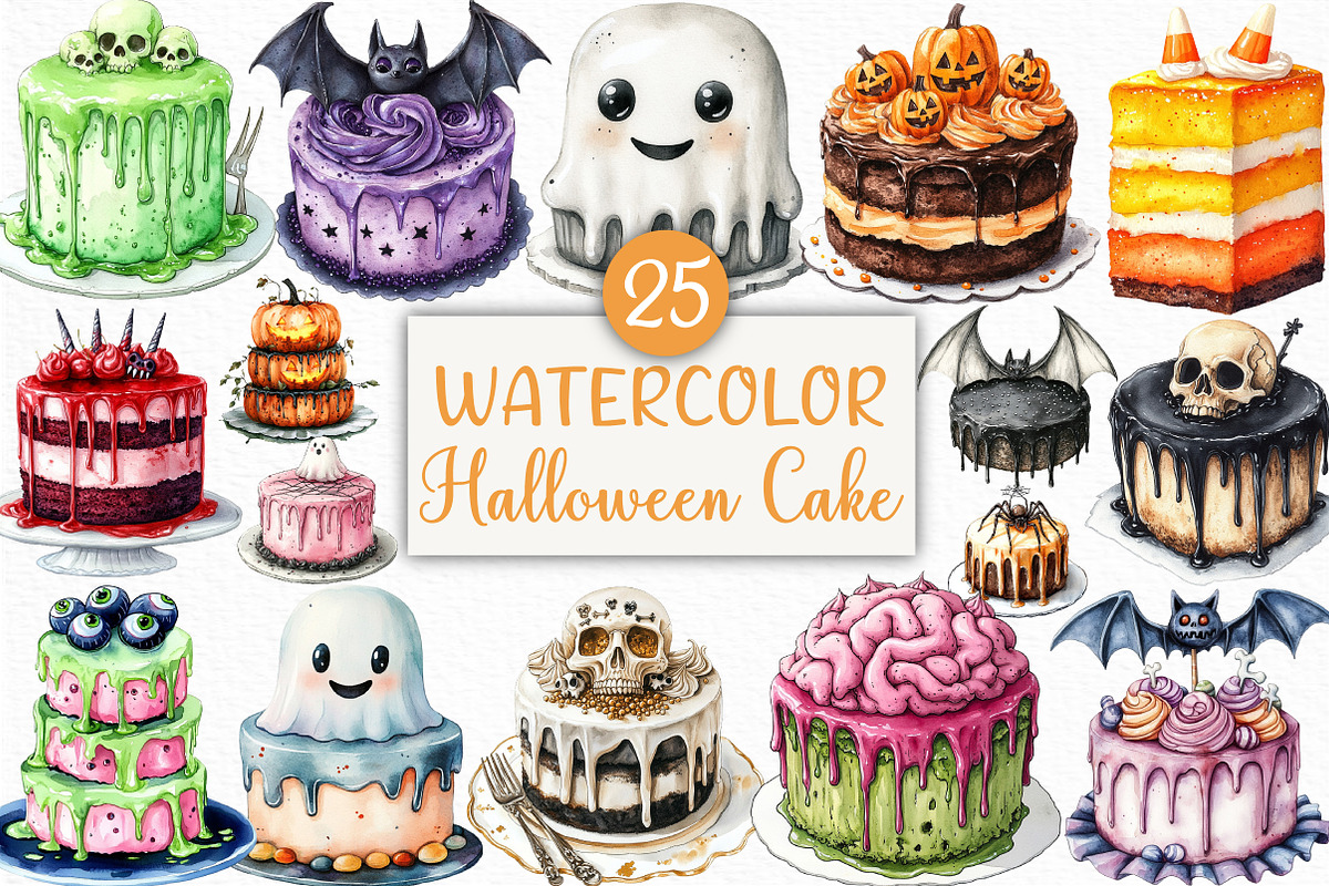 Watercolor Halloween Cake Clipart, an Illustration by Craft Nest (Photo 1 of 6)