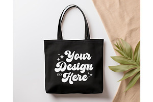 Black Tote Bag Mockup, Flat Lay Mock