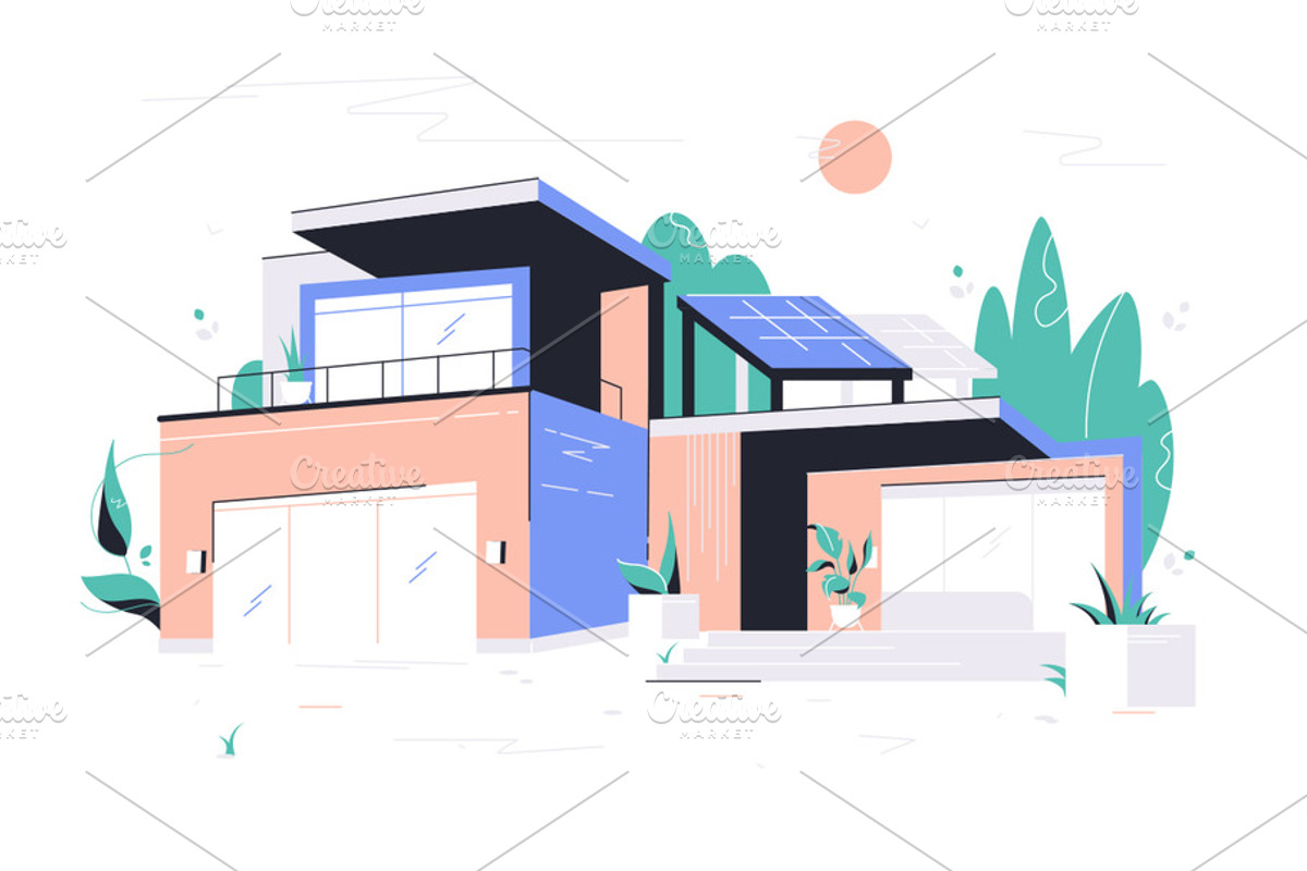 Modern big house with garage, a Work Illustration by Evanat Illustrations