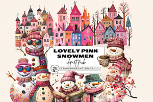 CUTE LOVELY PINK SNOWMEN CLIPART, a Seasonal Illustration by Daring Digies