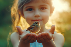Girl gently holds a small bird in her palms during golden hour outdoors, a Person Photo by AlyaAnd