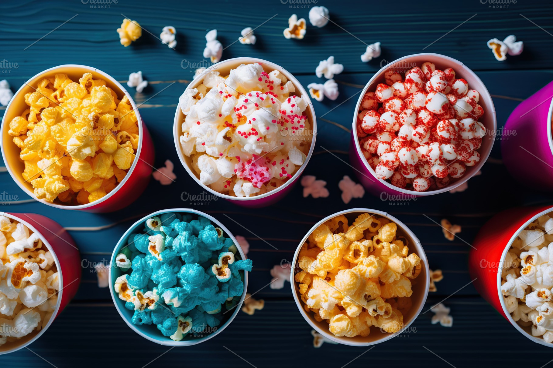 Paper cups with colorful popcorn on wooden background, a Food & Drink Photo by AlyaAnd