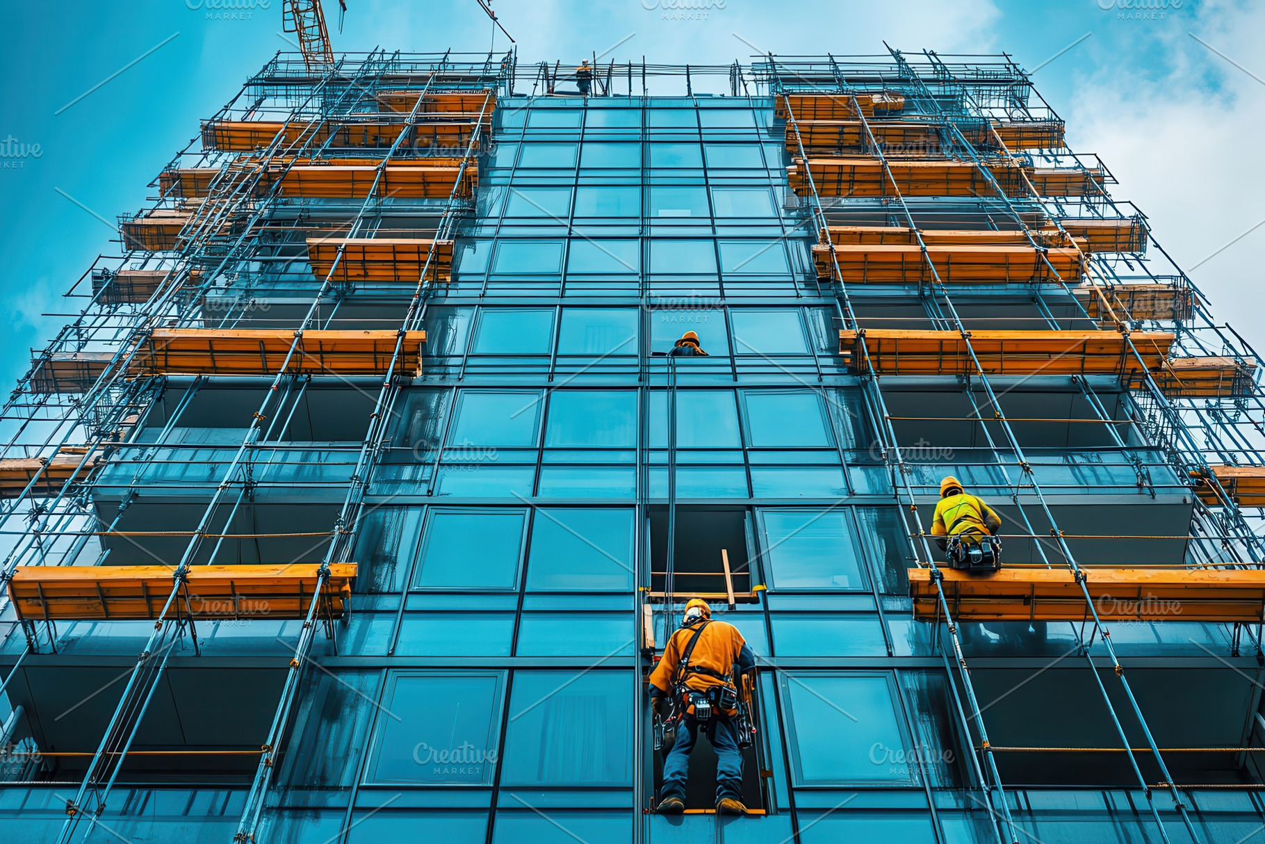 Workers perform maintenance on a hig, a Photo by Tanuart