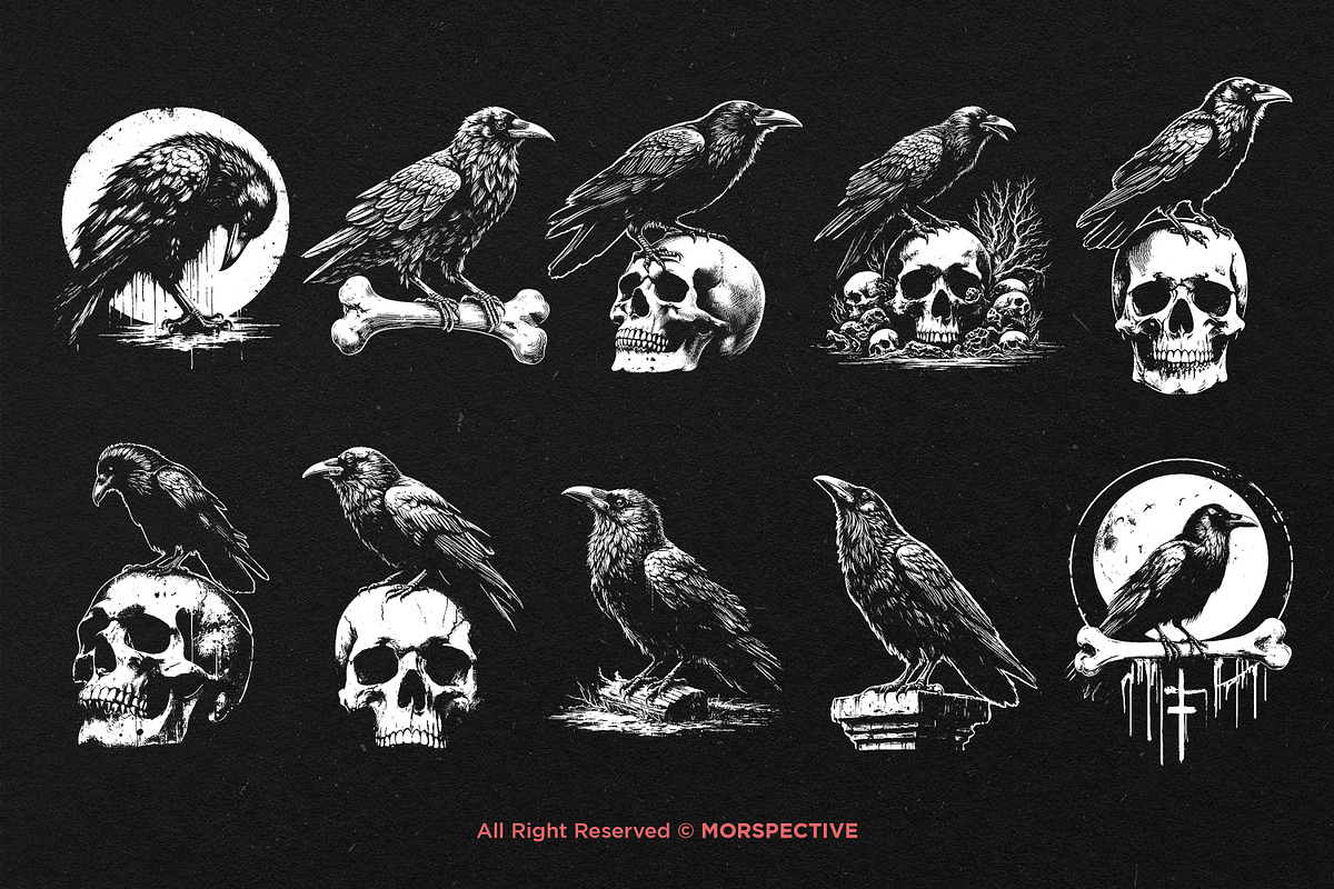 10 Bundle Dark Art Crows Raven Bird, an Animal Illustration