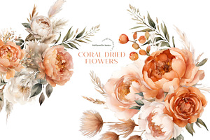 Boho Coral Dried Floral Clipart