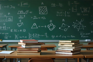 Blackboard And Books In Empty Study, a Photo by LOGOCREATIVE