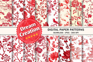 Red & White Chinoiserie Digital Pape, a Texture Graphic by Dream Creation