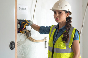 Woman electrician working on an electrical panel above eye level, a Business Photo by DanFLCreativo
