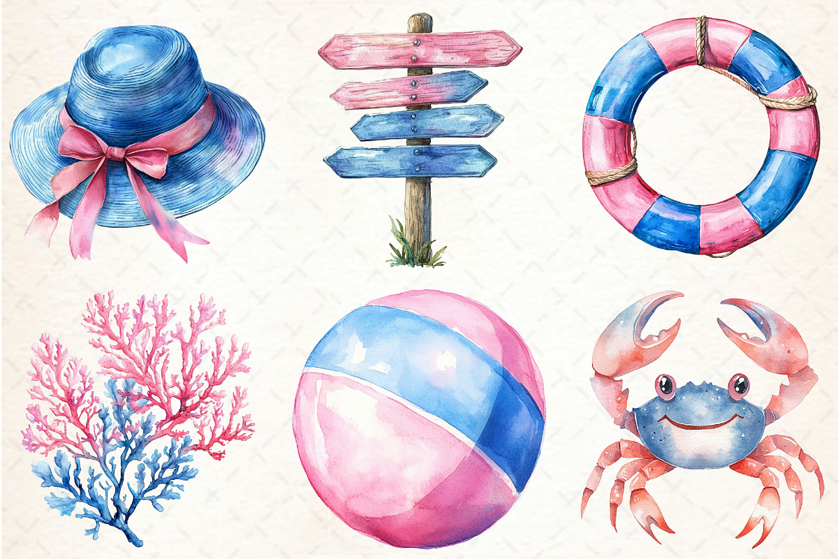 Summer Pink & Blue Coastal Clipart, an Illustration by Libby Wishes (Photo 3 of 7)