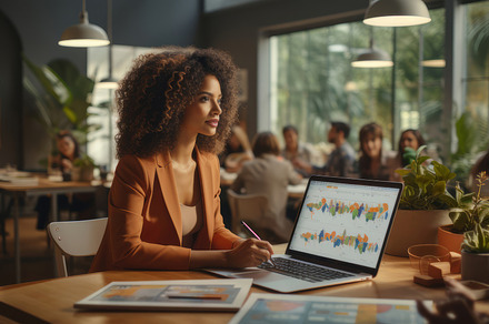 Professional Woman Analyzing Data on Laptop in Busy Creative Office Environment, a Photo by AS photostudio
