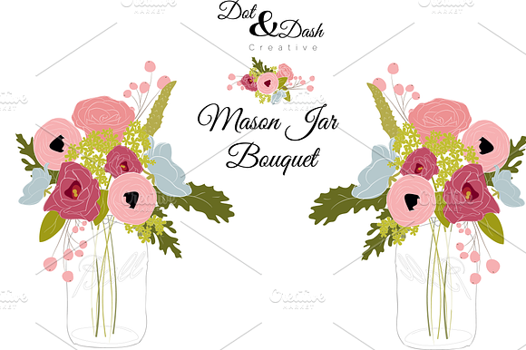 Peony Bouquet in Mason Jar - Vector preview 2