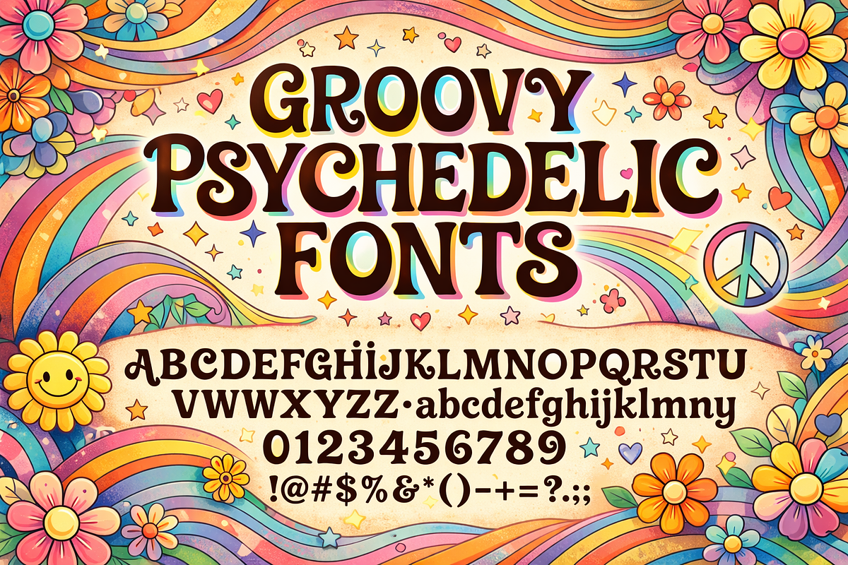 groovy psychedelic Retro fonts, a Script Font by RAHMAT (Photo 2 of 8)