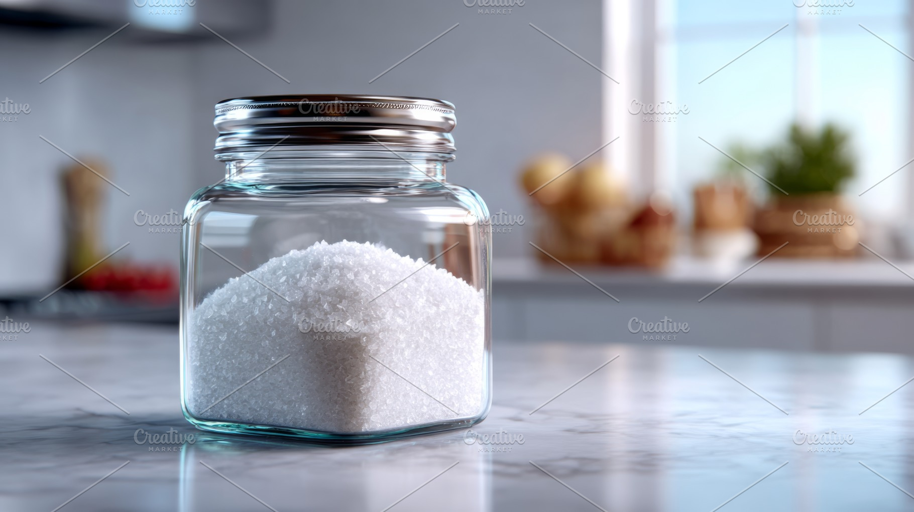 A clear glass jar filled with granulated sugar, set against a softly lit kitche, a Business Photo by ImageMir