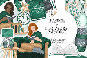 Bookworm Watercolor Fashion Clipart