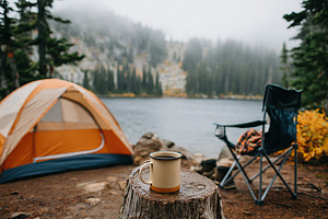 Cozy camping setup with a tent beside a calm lake on a misty morning, a Photo by AlyaAnd
