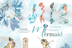 Watercolor Mermaid Clipart Set