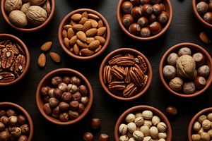 Variety of whole and shelled nuts in, a Food & Drink Photo by professorinc